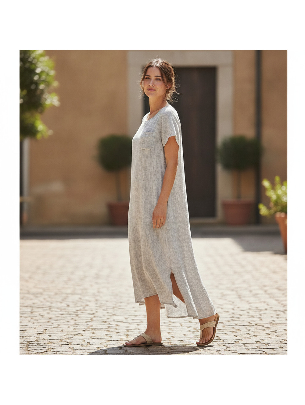 FLAX linen midi dress L short sleeve lagenlook striped boho minimalist